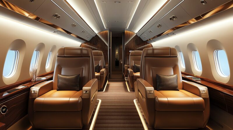 The interior of a private jet with brown leather seats and wood paneling.