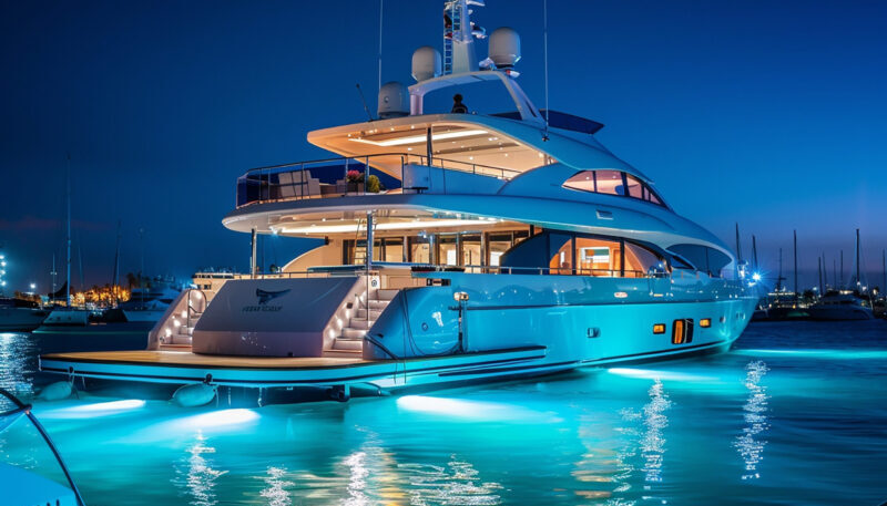 A modern yacht illuminated at night in the harbor, symbolizing luxury, elegance, and maritime leisure.